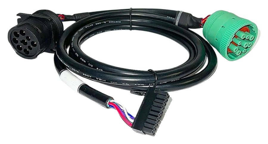 The CC40 J1939 cable: black 9-pin to the truck's diagnostic port, green 9-pin pass-through so an existing GPS or ELD stays connected, and the ribbon connector to the CC40 itself